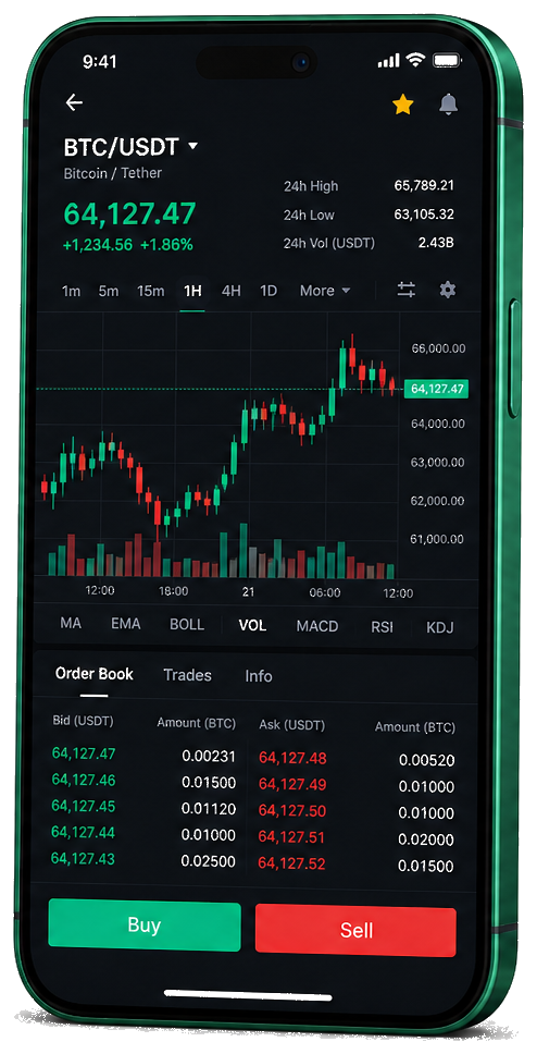 Vent Capitoire plateforme de trading sur mobile — graphique BTC/USDT en direct, carnet d'ordres et interface d'achat/vente